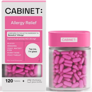 Cabinet: Diphenhydramine 25mg Allergy Relief Antihistamine Tablets for Allergies, Hay Fever, and Runny Nose, 120 Tablets (Refillable Glass Bottle)