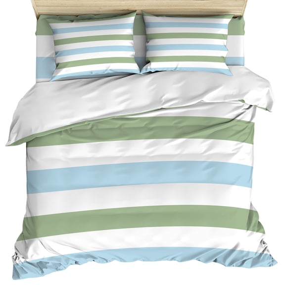 Sage Green Blue Striped Duvet Cover Set, Farmhouse Sage Green Stripes Soft Duvet Cover Full Size Bedding Set 4 Pieces, 1 Quiltcover and 2 Pillowcases with Zipper, 1 Bed Sheet for All Seasons
