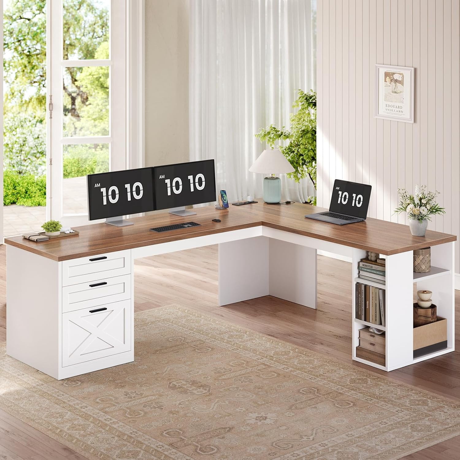 Farmhouse Desk with Storage, L Shaped Desk with Power Outlets & File Drawer, Corner Desk with Spacious Desktop & Open Shelves for Home Office, Computer Desk with 3 Drawers, White & Brown Top