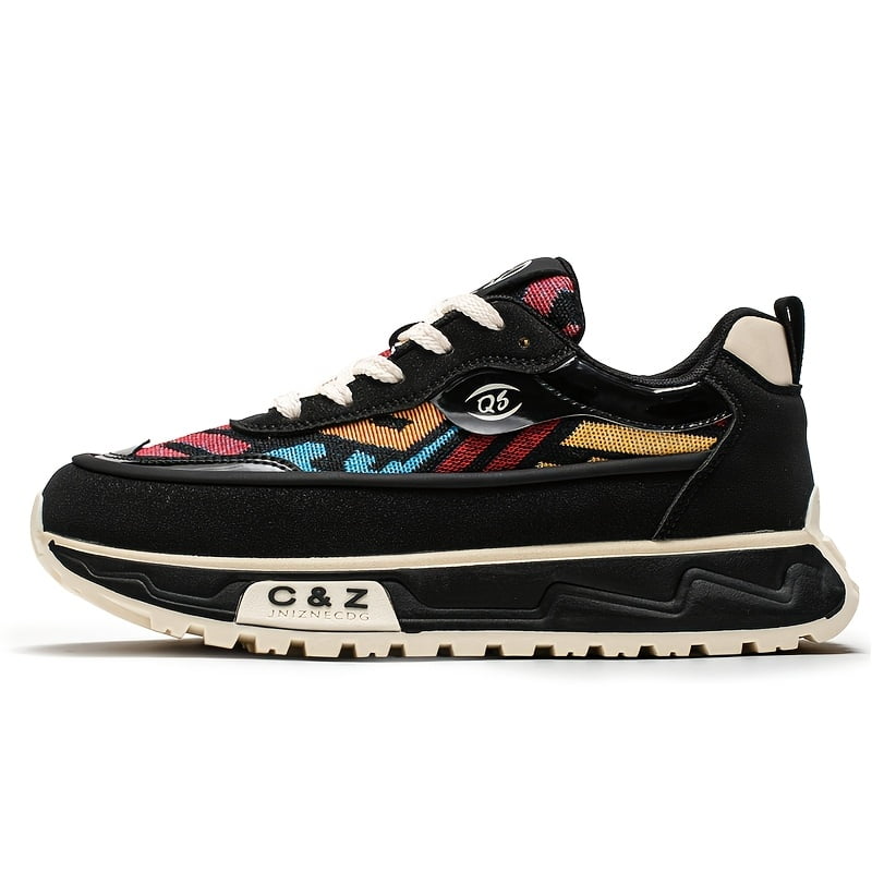 A Pair of Fashionable Men'S Sports Shoes | Casual All-season Hiking Shoes with Traditional Ethnic Plaid & Round Toe Design Lace-up, Breathable Fabric Upper, Rubber Sole, Non-slip Durable Outdoor ，