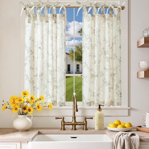 Floral Kitchen Curtains 36 Inch Linen Tier Curtains Farmhouse Cafe Half Window Drapes Over Sink Light Filtering Sage Green on Beige for Living Room Laundry Tie Top 2 Panels