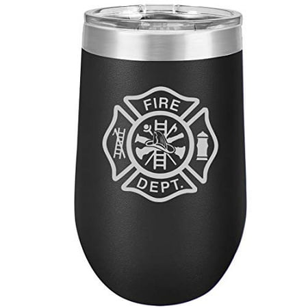 

16 oz Double Wall Vacuum Insulated Stainless Steel Stemless Wine Tumbler Glass Coffee Travel Mug With Lid Fire Department Firefighter Maltese Cross (Black)