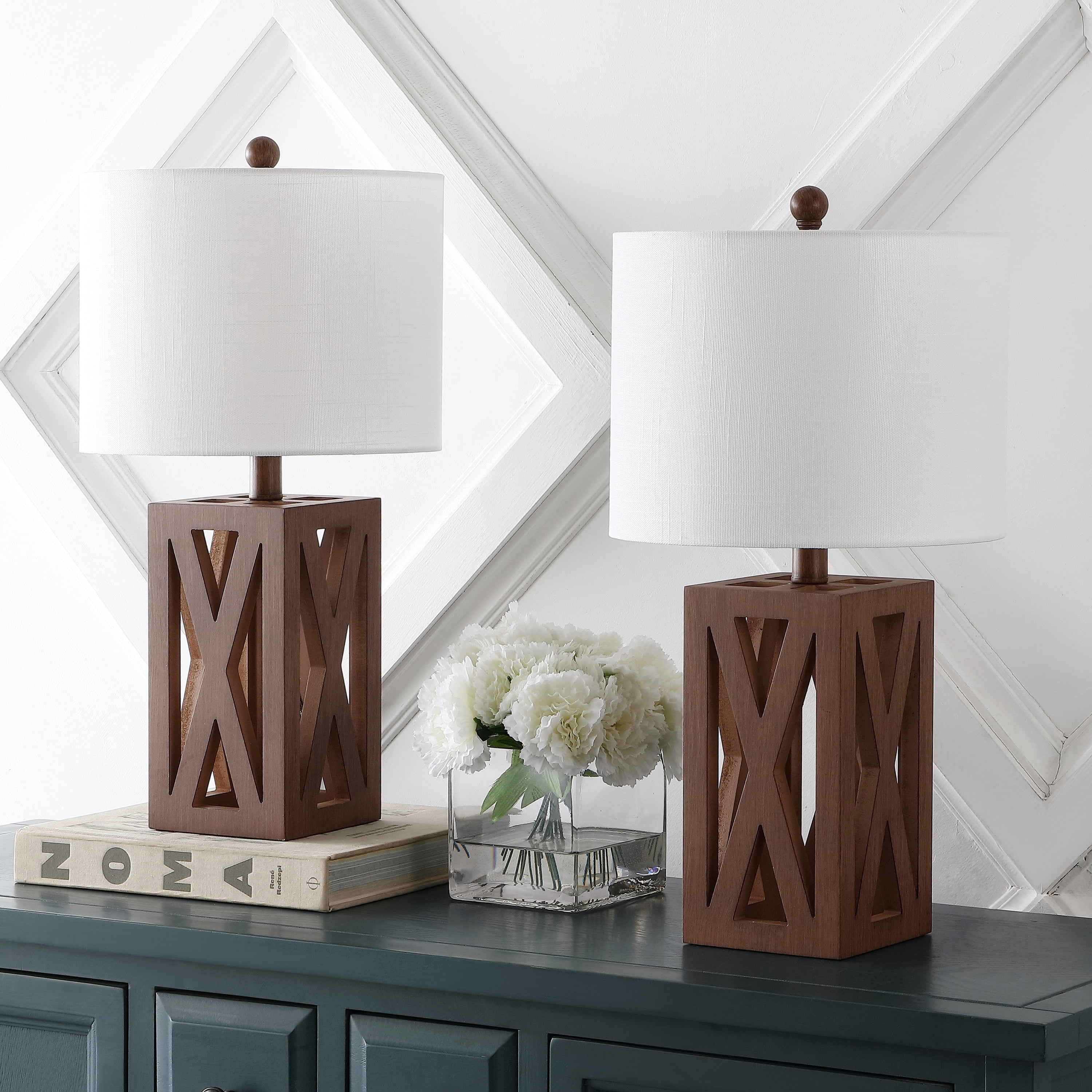 JONATHAN Y Stewart 21.5" Farmhouse Wood LED Table Lamp, Brown (Set of 2), JYL1062A-SET2
