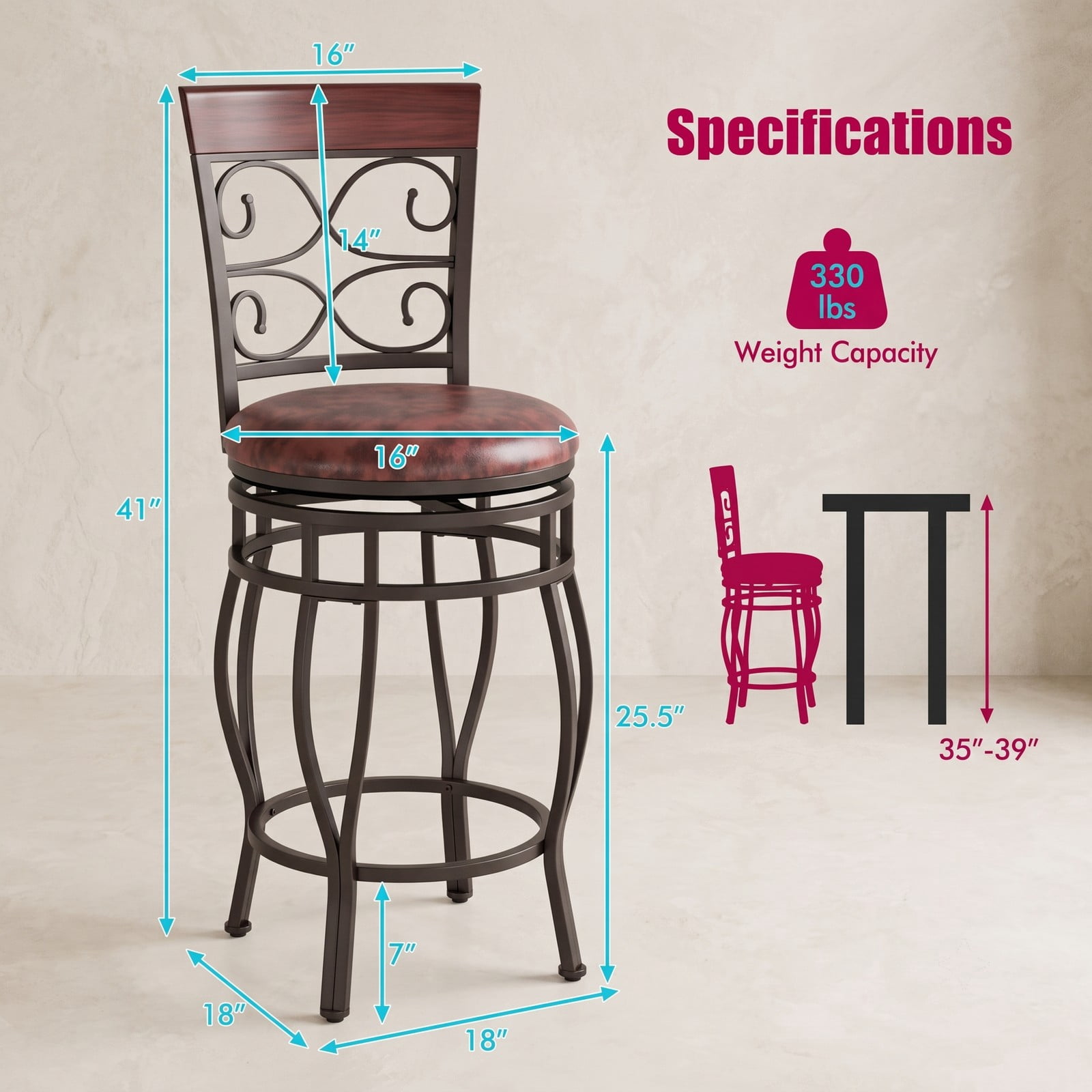 Furnibear Set of 2 26 Inch Swivel Bar Stools with Backrest and Footrest, Vintage Counter Height Metal Barstools with PU Leather Cushioned Seat for Kitchen, Brown