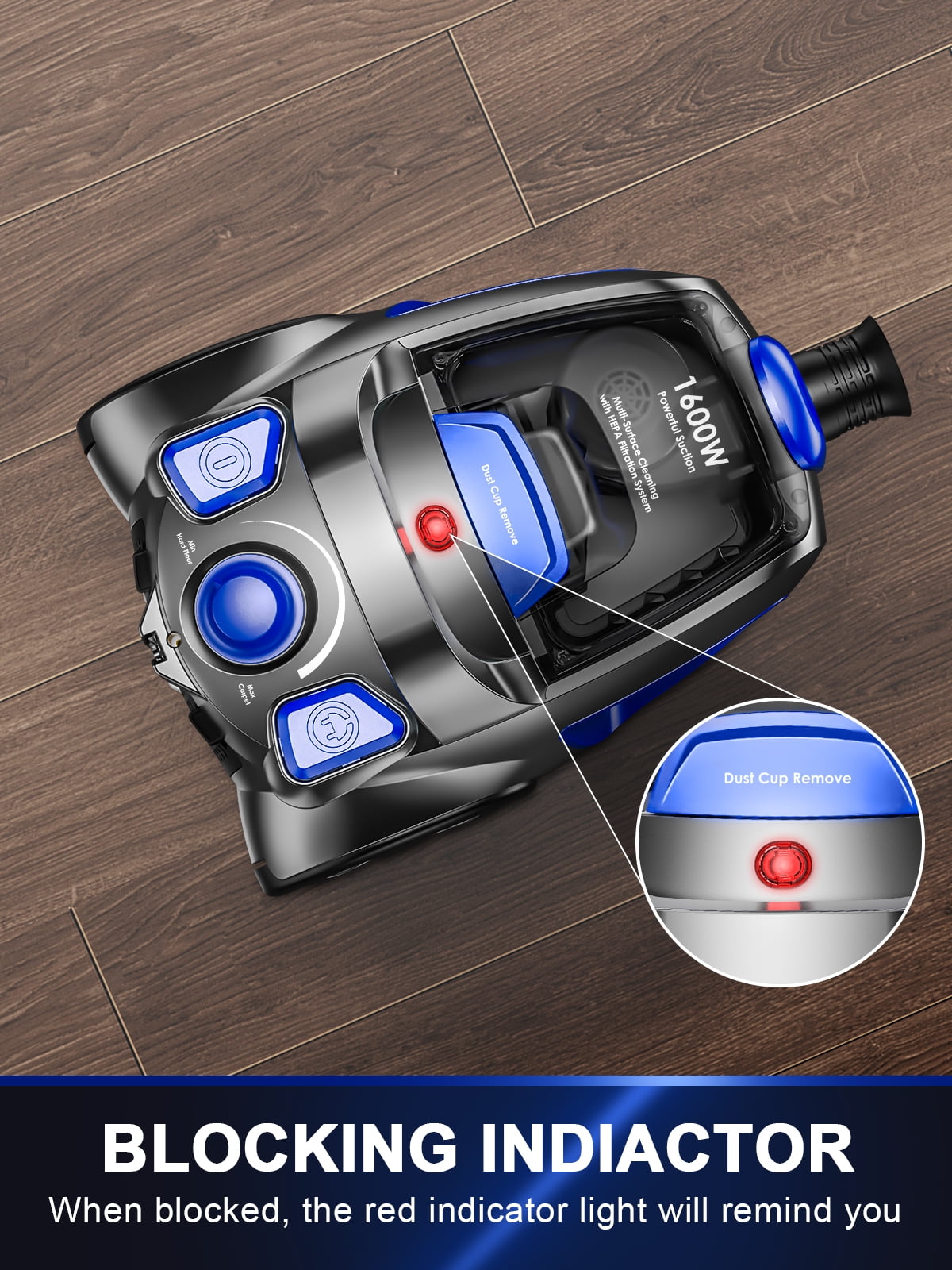 Canister Vacuum Cleaner, 32Kpa 1600W Bagless Vacuum Cleaner, Dust Full Indicator, H13 HEPA Filter, 3.7Qt Large Capacity, Lightweight Vac for Hard Floors, Carpet, Pet, Upholstery, Blue
