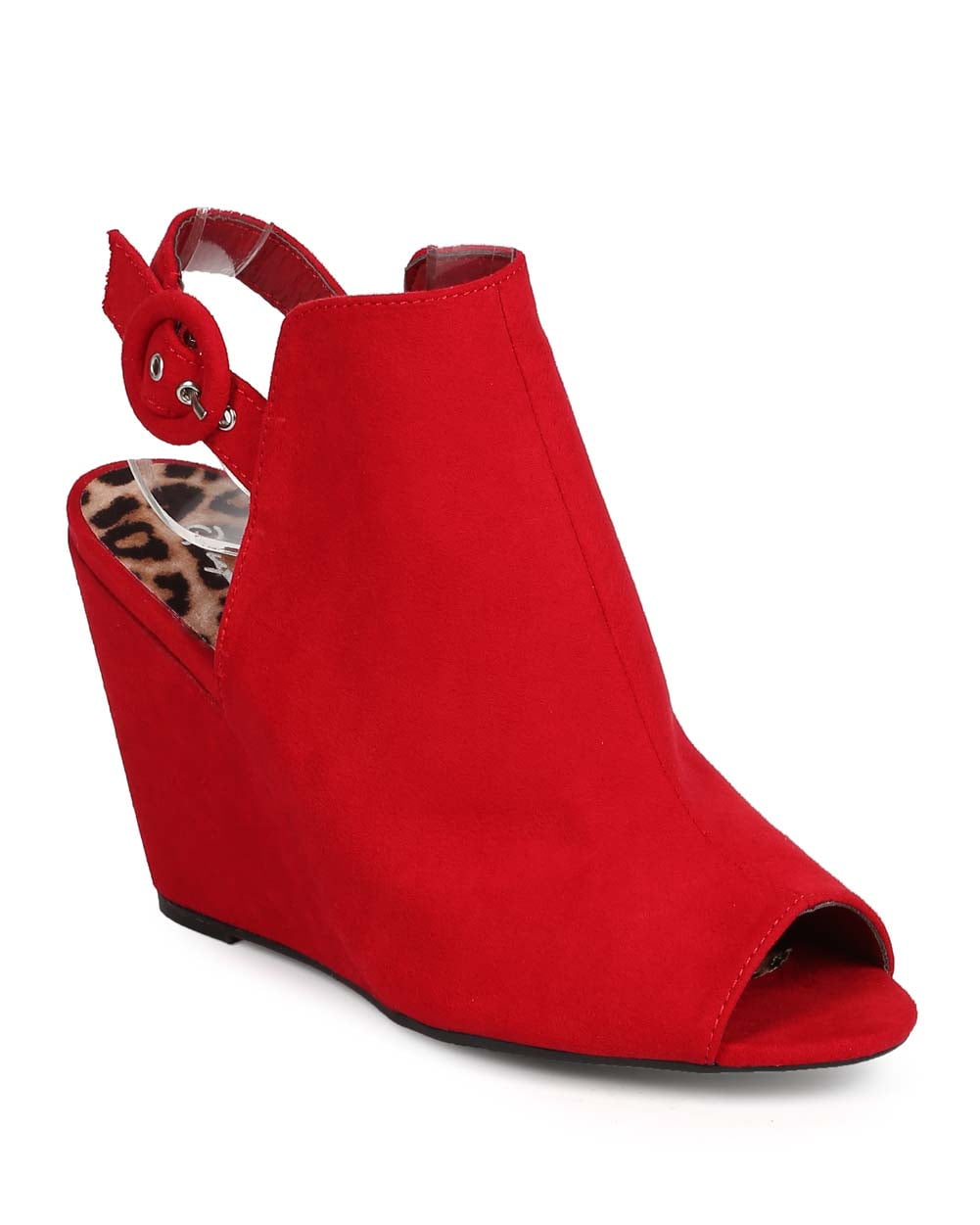 Qupid EK01 Women Suede Peep Toe Slingback Single Sole Wedge Mule