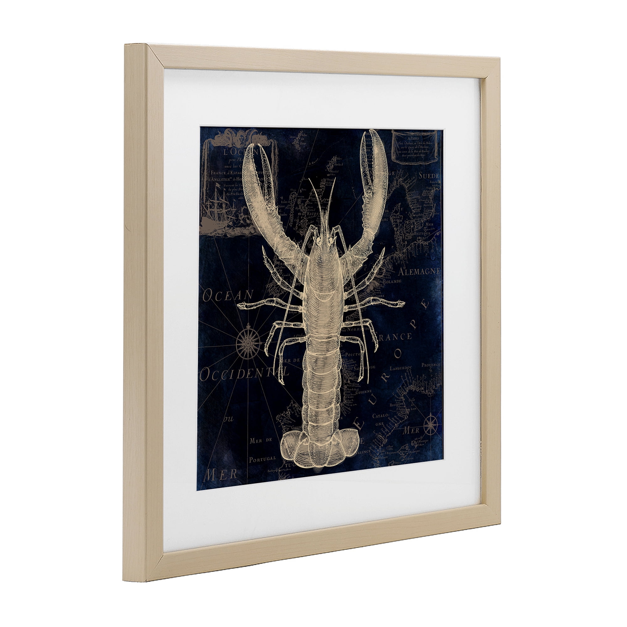Lobster Contour over Map Birch Framed Print Under Glass, design by Sasha