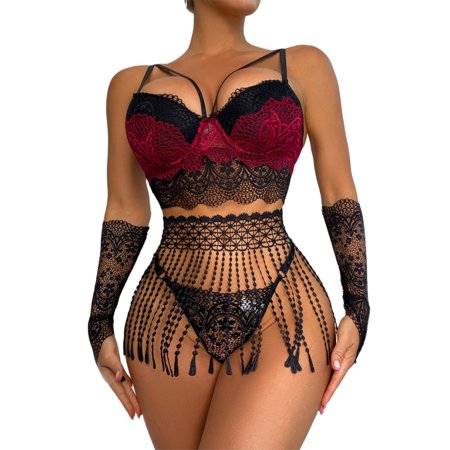 

Musuos Women s Sexy Underwear Set Novelty Lace Embroidery Bra and Underpants Gloves Belly Chain Set