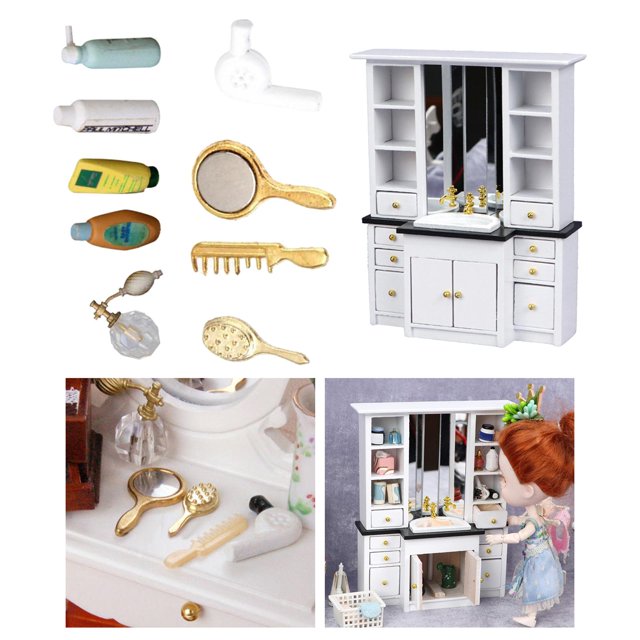 1/12 Casa de Moderna Artesanía Lavabo pequeña sala con Perfume Champú Conjunto Juguete Decoración Accesorio de Simulación Baoblaze gabinete de casa de muñecas