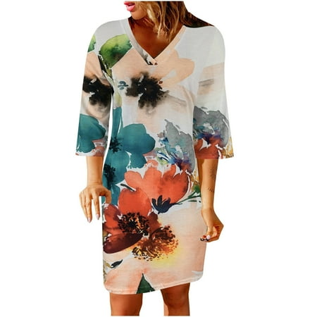 

Juebong Fashion Women Casual Sexy V-Neck Printing Summer 3/4 Sleeve Mini Dress