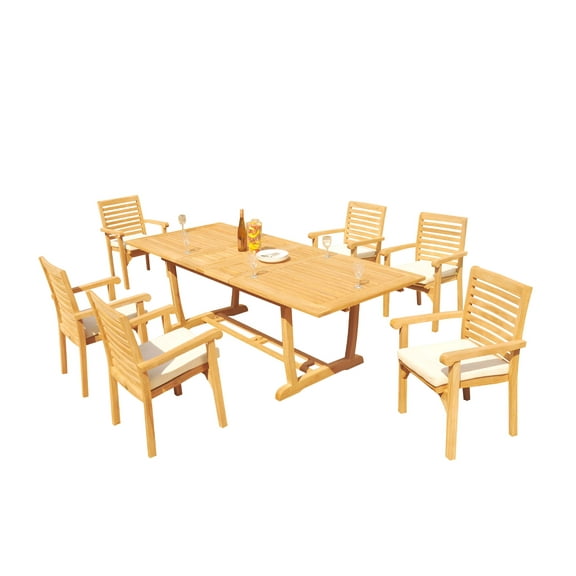 Grade-A Teak Dining Set: 6 Seater 7 Pc: 94" Mas Rectangle Trestle Leg Table And 6 Hari Stacking Arm Chairs Outdoor Patio WholesaleTeak #51HR2107