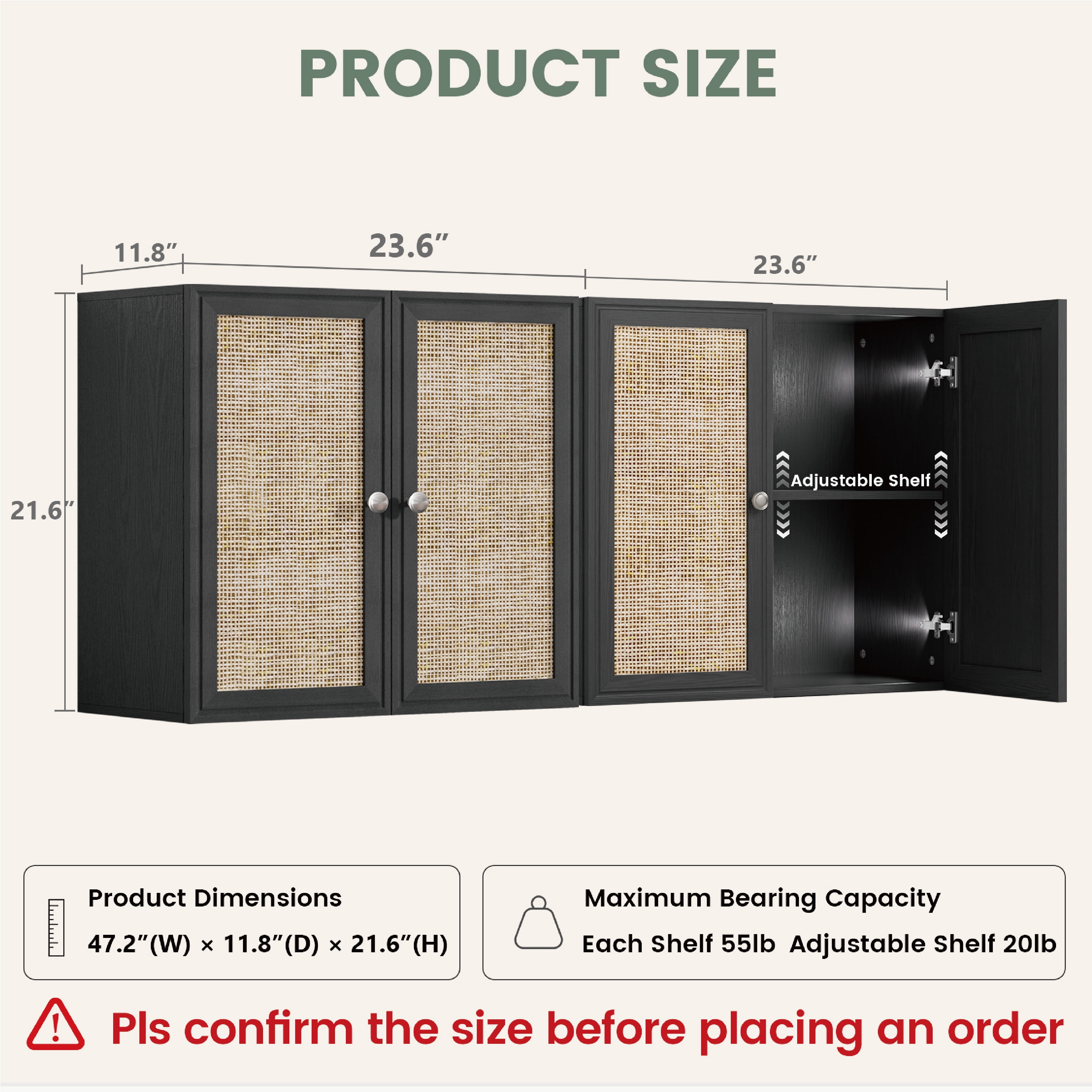 24"W Rattan Laundry Room Cabinets with Lights, Bathroom Cabinets Wall Mounted with Adjustable Shelves, Wall Cabinet for Bathroom/Kitchen/Bedroom (2PCS, Black)