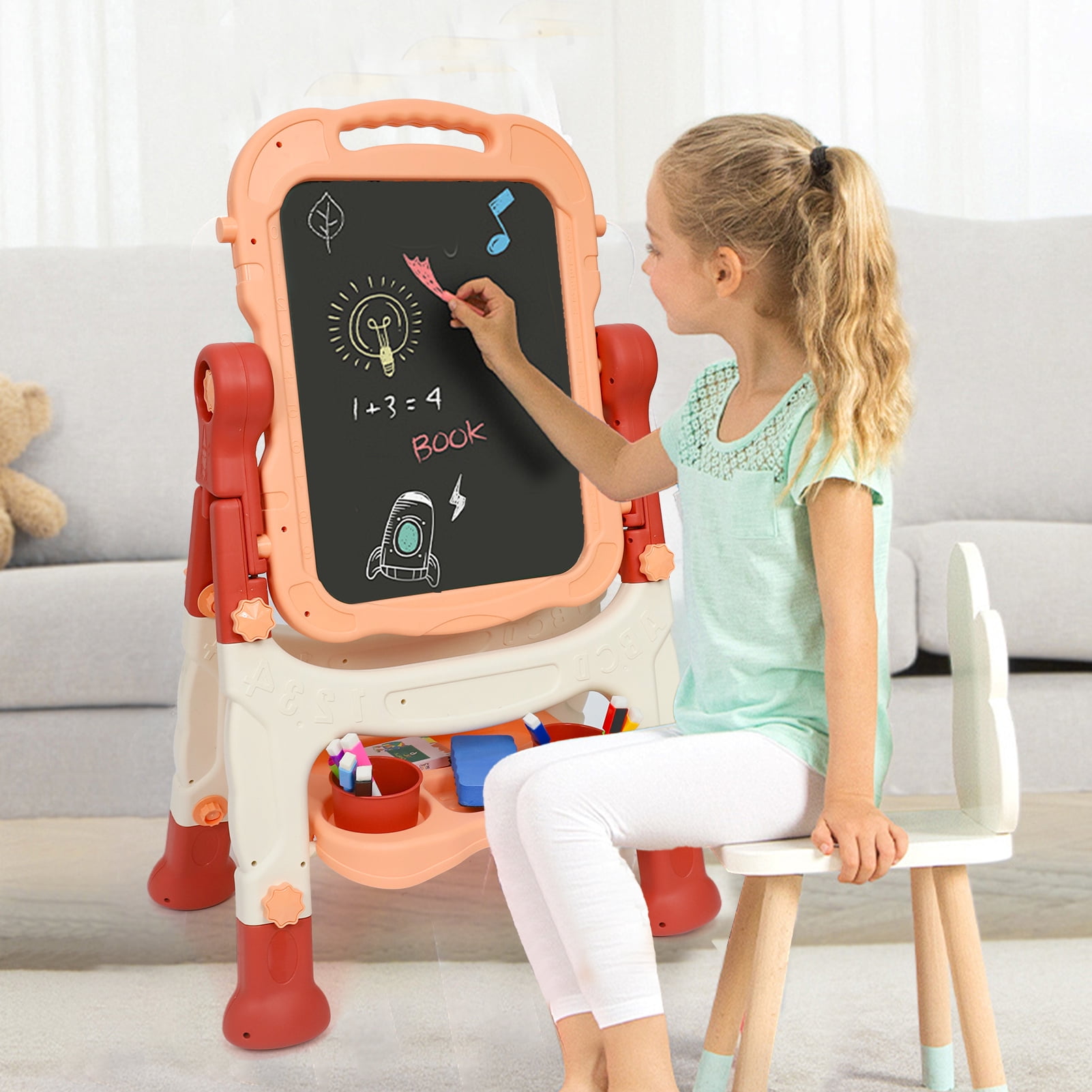 Kids Easel for Toddlers Age 3+, Art Magnetic White Board & Chalkboard Double Side Adjustable Stand, Drawing Writing Learning Educational Toy for 3 4 5 Year Boys Girl Birthday Gifts, Pink