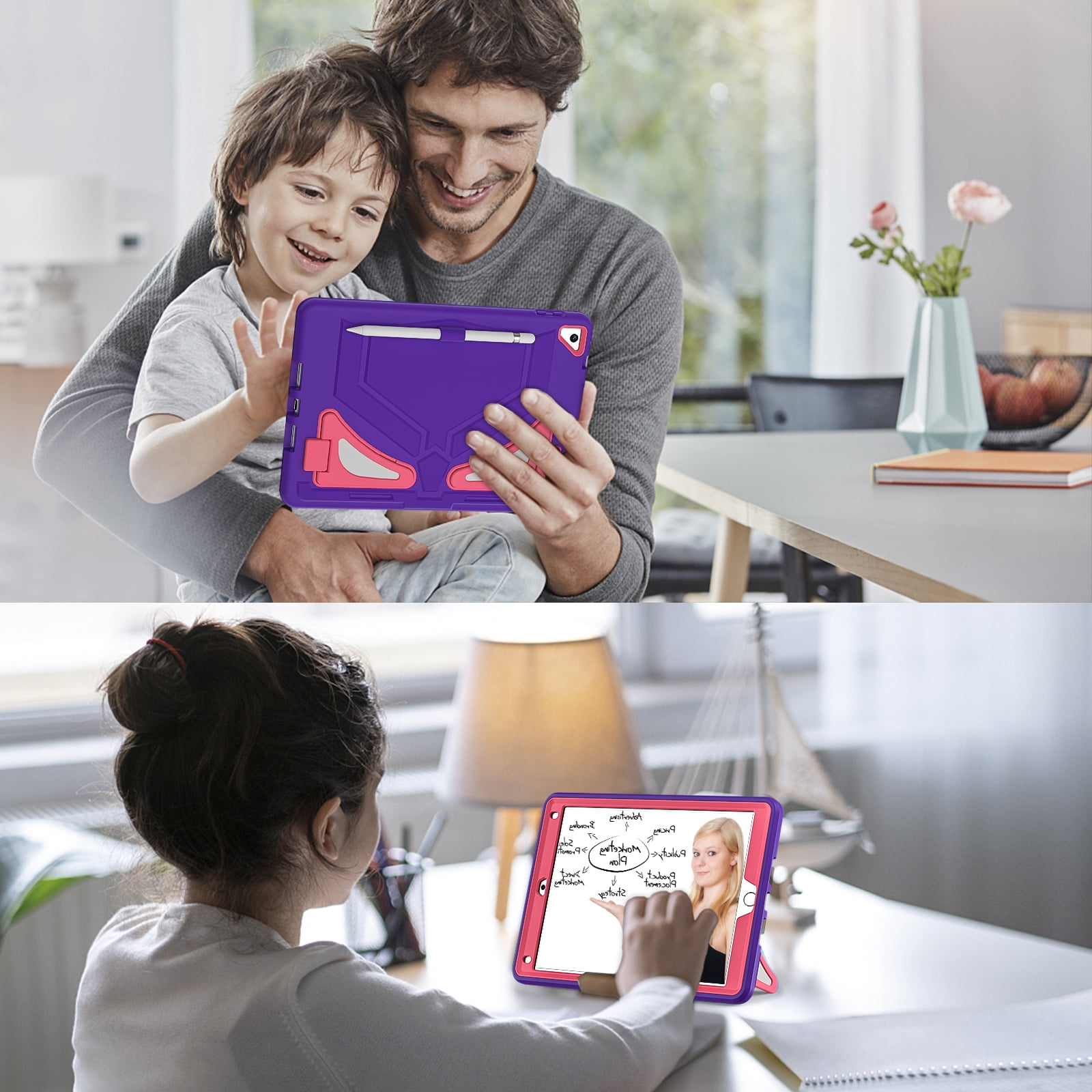 TECH CIRCLE Kids Case for iPad 9.7 2018/2017/iPad Air 2/Pro 9.7 with Pencil Holder,Shockproof Portable Handle Stand Protective Kids Case for iPad 9.7 Inch 6th Gen/5th Gen/Air 2/Pro 9.7",Purple/Rose