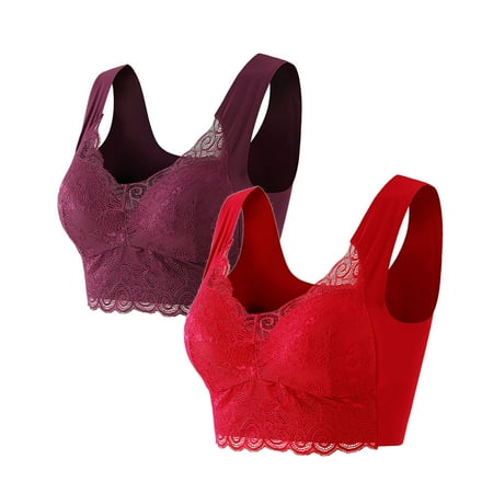 ATOYSOY Women s 2 Pack Plus Size Everyday Bra Slim Basic Tank Tops Lace Splicing Small Cup Wirefree Bralette Underwear Push Up Comfort Bra Breathable Teens Clearance Red M