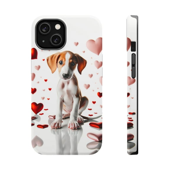 DistinctInk Tough Case for Apple iPhone 13 MINI (5.4" Screen), Compatible with MagSafe Charging - Valentine's Day Ibizan Hound Puppy