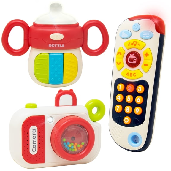 Kiddie Play Baby & Toddler Musical Toys 3 Piece Gift Set with Pretend TV Remote Control, Camera Toy and Teething Bottle with Music & Light for Infants 1 Year Old Gifts