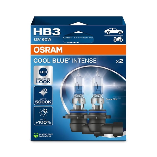 OSRAM Cool Blue® Intense HB3, +100% más brillo, hasta 5000 K, bombilla halógena para faros delanteros, aspecto LED, caja colgante (2 bombillas)