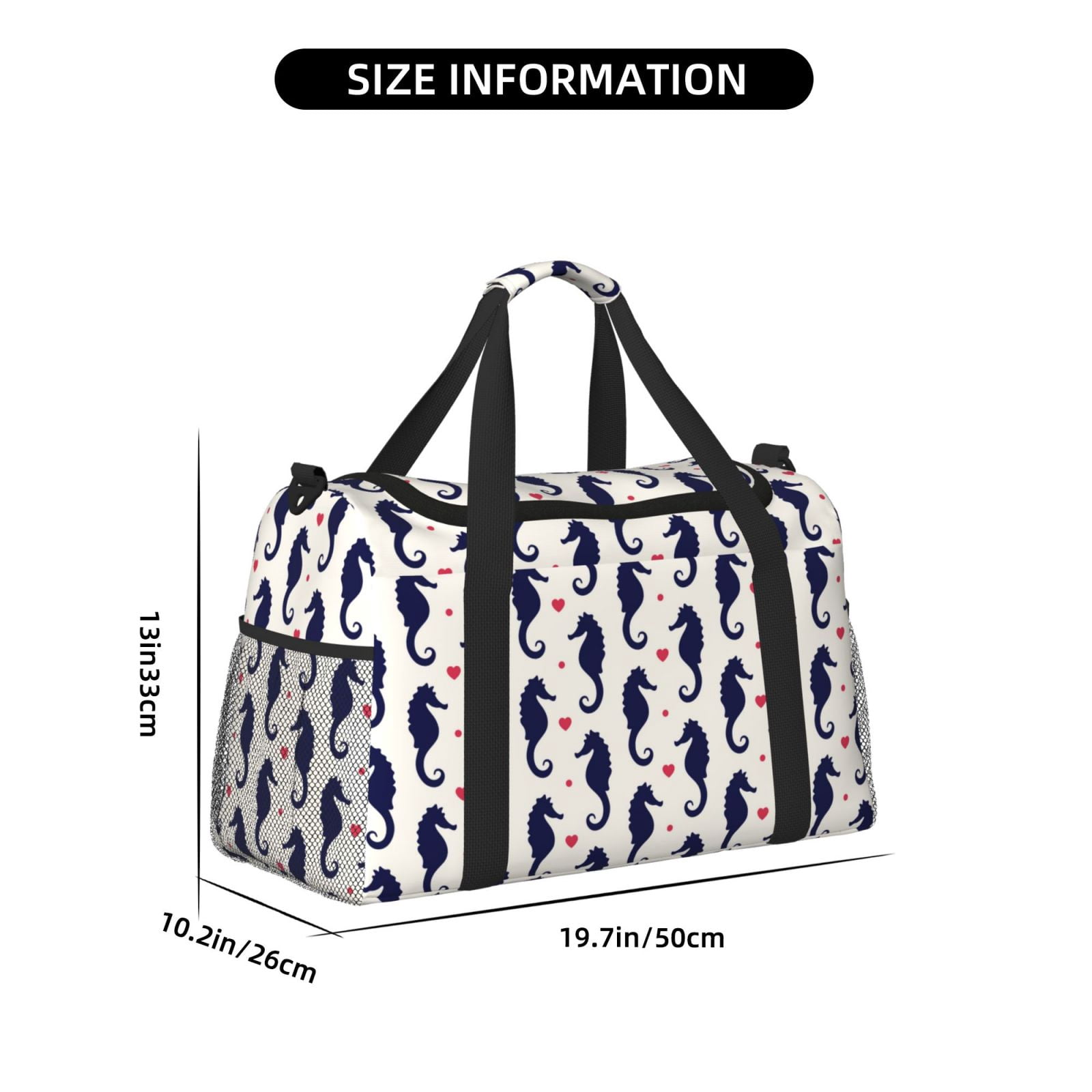 Fuzoiu Seahorses and Hearts Print Travel Duffle Bag,Carry On Tote Bags,Duffel Bag,Sport Gym Bag, Hospital Bag for Labor and Delivery, Overnight Bag,Luggage Bag