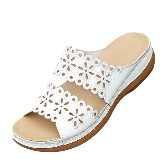 Gpaecead Women Hollow Out Floral Wedge Heel Slippers Faux Leather Arch Support Summer Comfort Slide Sandals, White