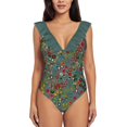thumbnail image 1 of Meandering Spirals : Turquoise Deep V-Neck Halter One-Piece Swimsuit Ladies Monokini Beach Bathing Suits Swimwear, 1 of 5