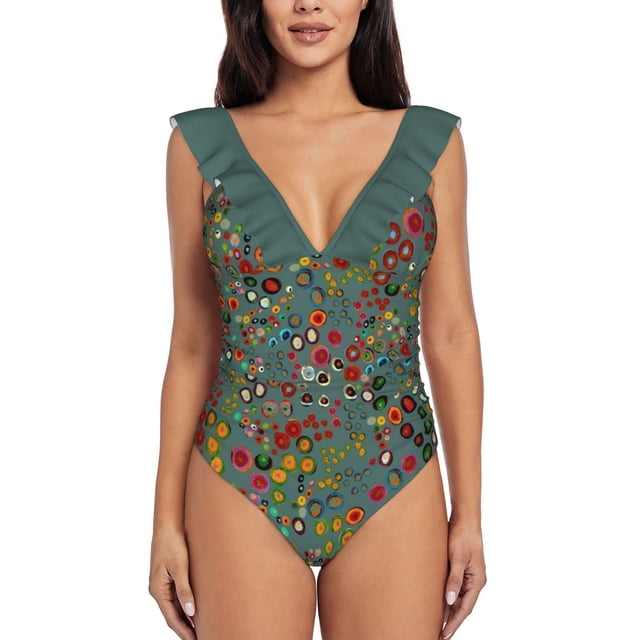 Meandering Spirals : Turquoise Deep V-Neck Halter One-Piece Swimsuit Ladies Monokini Beach Bathing Suits Swimwear