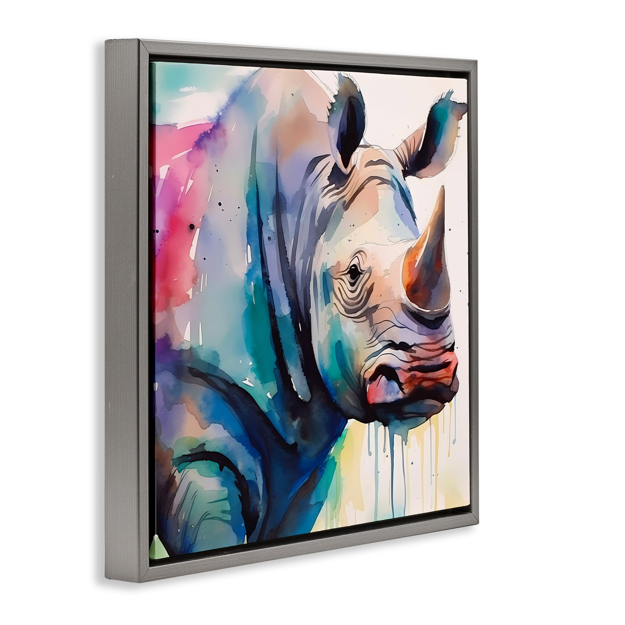 Stupell Industries Paint Drip Rhinoceros Animals & Insects Painting Gray Floater Framed Canvas Art Print Wall Art, 18 x 18