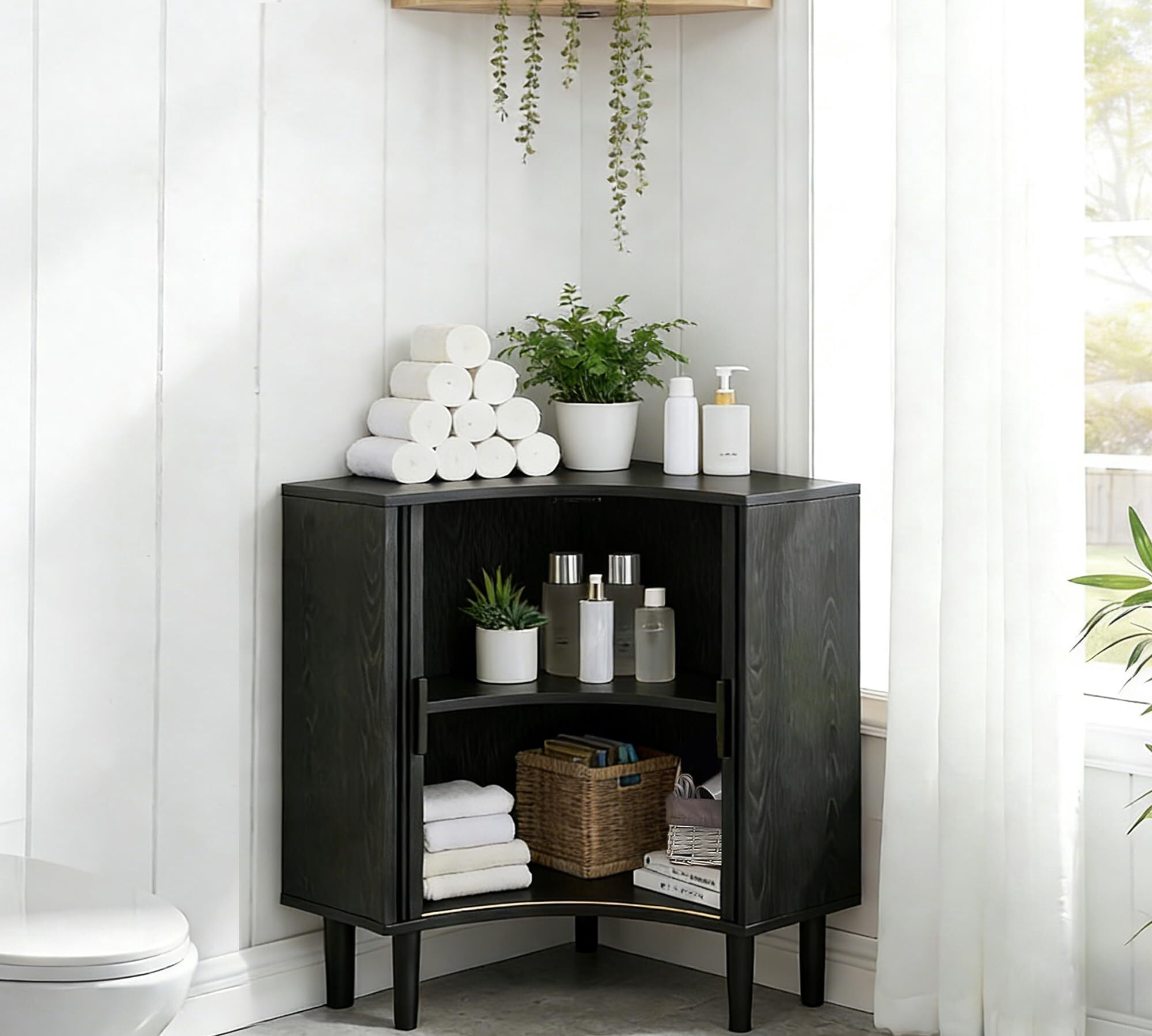 Fluted Corner Cabinet, Small Floor Storage with Sliding Doors & Adjustable Shelves, Modern Wooden Narrow Organizer, Black