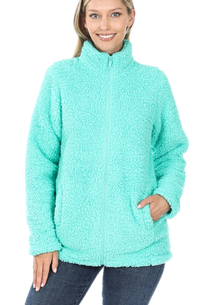 Soft Sherpa Zipper Front Jacket Faux Shearling (Small, Mint), Small
