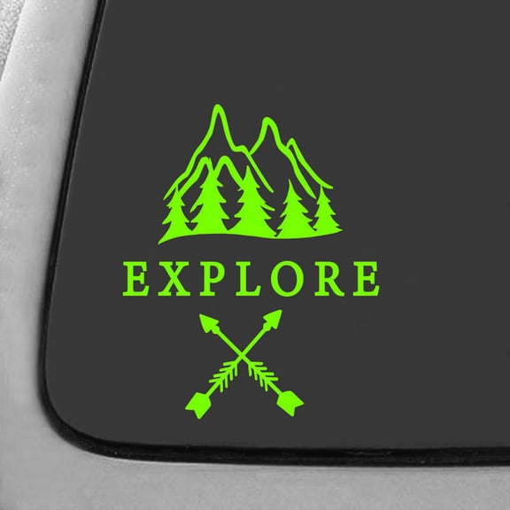 Explore The Mountains Decal Sticker | 7-Inches By 5.7-Inches | Lime Green Vinyl