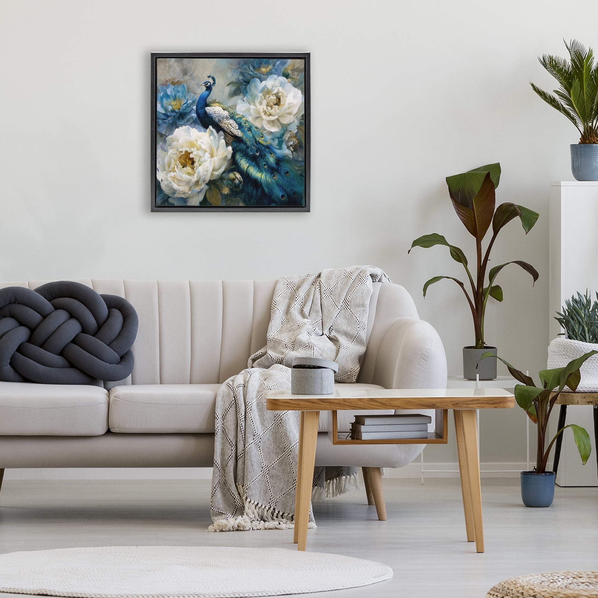 Stupell Industries Pretty Peacock with Roses Black Framed Floater Canvas Wall Art, design by Tina LeCour