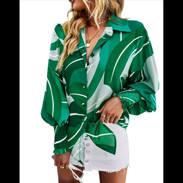 Blusa con Estampado Floral para Mujer, Larga, Botones, Informal, Elegante, Verde, Talla L