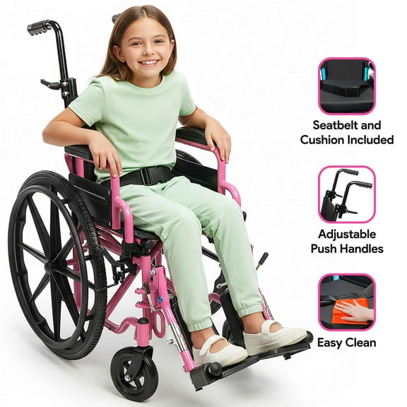 Smilez Pediatric Wheelchair 2.0, Lightweight Foldable Wheelchair for Kids Includes Cushion , Seat Belt and Anti-Tippers