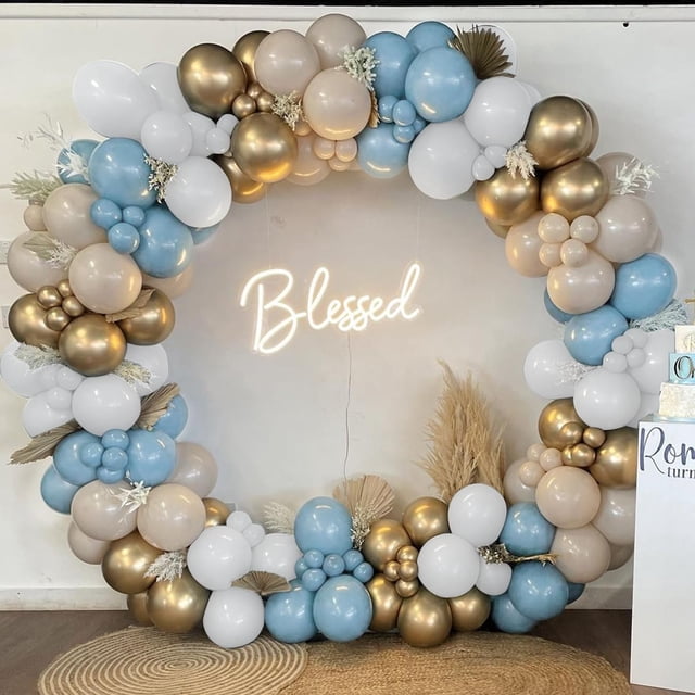 Arco Globos Azul, 125 Piezas Guirnalda de Globos Azul Dorado y Arena Blancos, Globos de Cumpleaños, Decoracion de Fiesta Azul y Blancos Globos para Cumpleaños, Boda, Decoracion Comunion