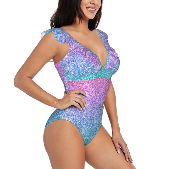 Fotbe Multicolor Glitter Women's Tummy Control Swimsuits Slimming One Piece Bathing Suit Ruffle Wrap V Neck Swimwear-