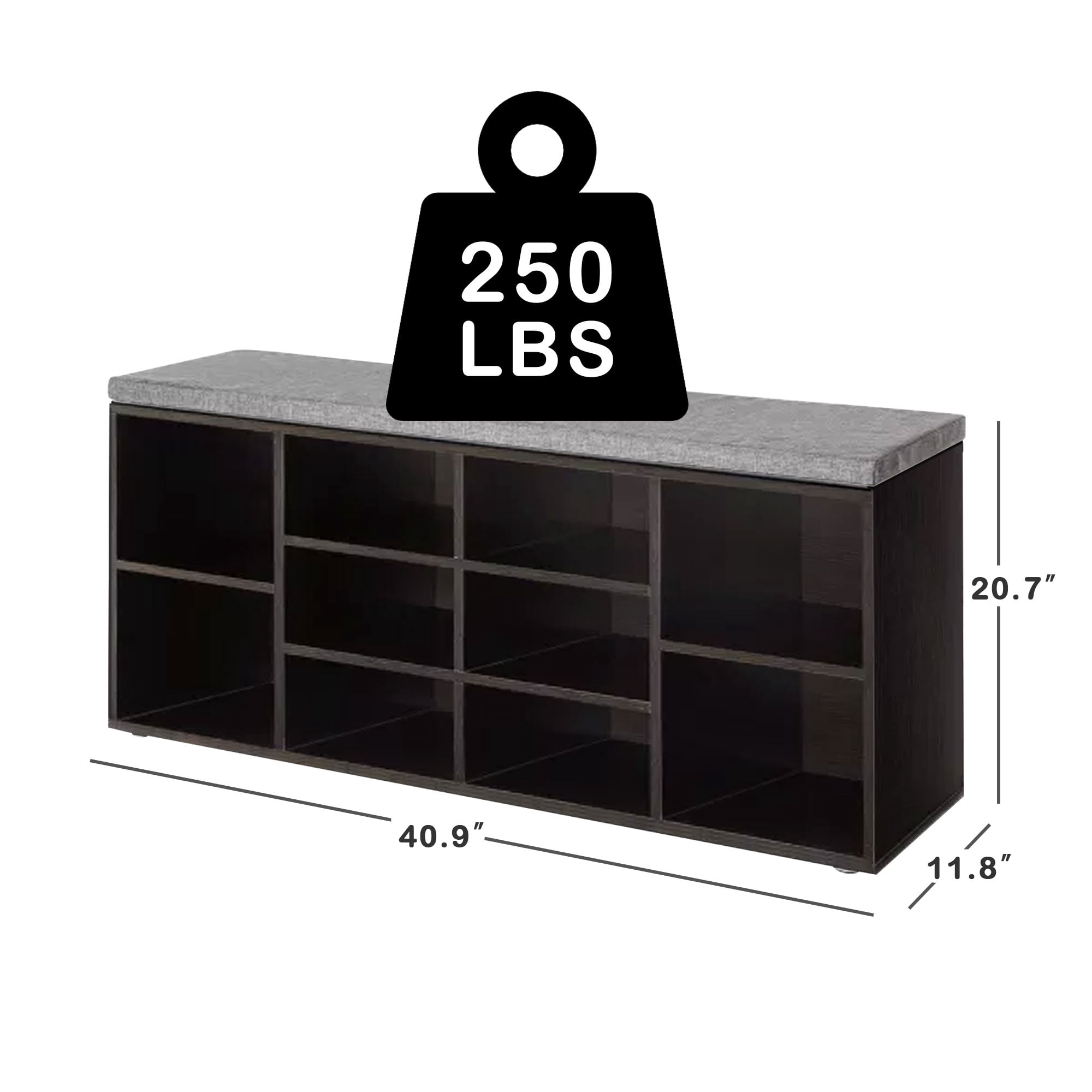 Shoe Bench Storage Bench with cushion, Entryway Bench with Storage, 10 Compartments Shoe Organizer with 3-Tier Shoe Rack, Adjustable Shelves Shoe Storage for Entryway Hallway Bedroom, Black