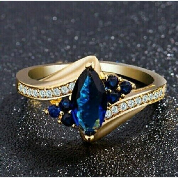 Women's Marquise Cut Blue Sapphire Solitaire With Accent Engagement Ring 14k Yellow Gold Plated -5