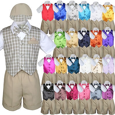 

Baby Boy Toddler Formal Khaki Vest Shorts Check Suit Extra Bow Tie 7pc Set S-4T