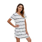 SALEZONE Women's Plus Size Nightshirt Short Sleeve Striped Round Neck Nightgown Sleepwear Pajamas Mini Dress