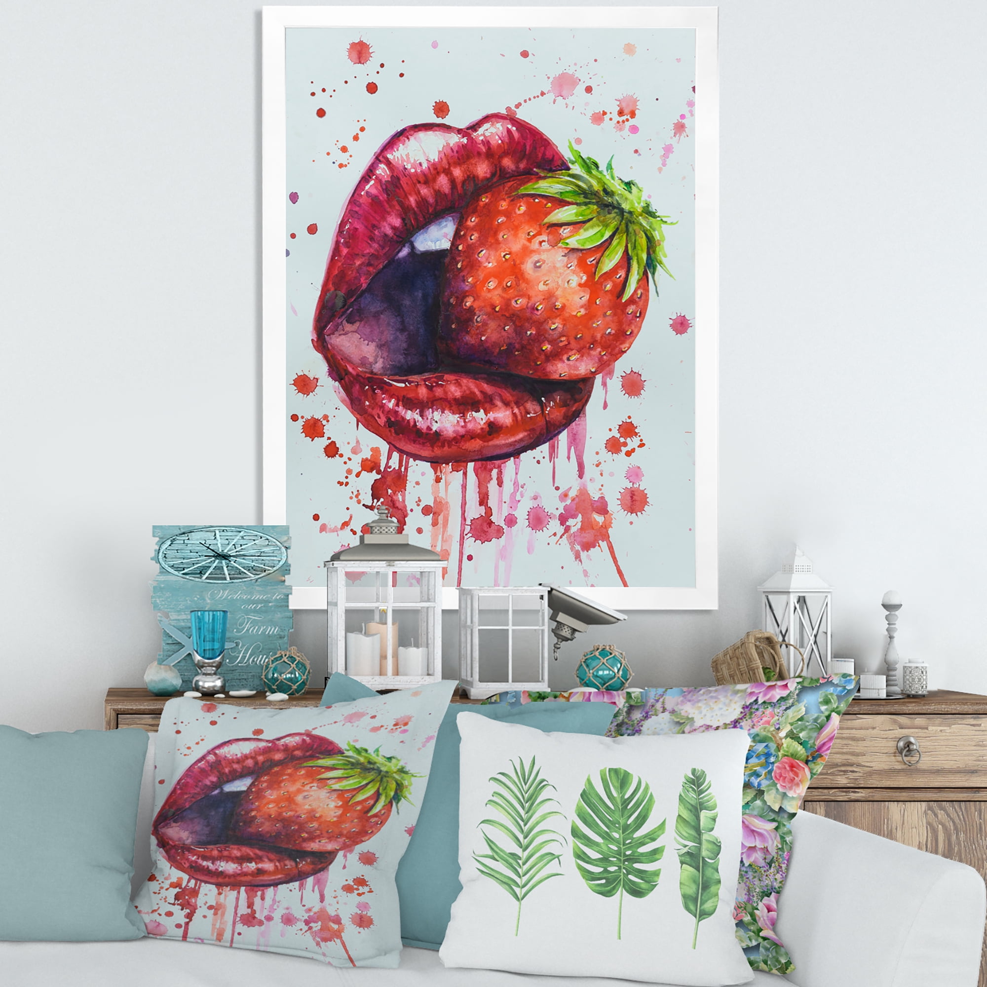 Designart 'Red Girl Lips Eating A Strawberry' Modern Framed Art Print