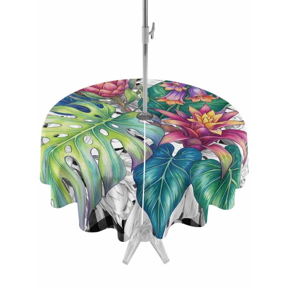 Outdoor Tablecloth with Umbrella Hole for Patio/Picnic/Party/Camping, Tropical Plant Waterproof Table Cloth Round Cover Washable, Summer Watercolor Botanical Palm Leaf Plaid (Dia 60")