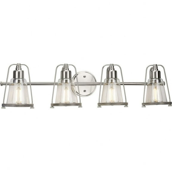 Conway Collection Four-Light Brushed Nickel and Clear Seeded Farmhouse Style Bath Vanity Wall Light