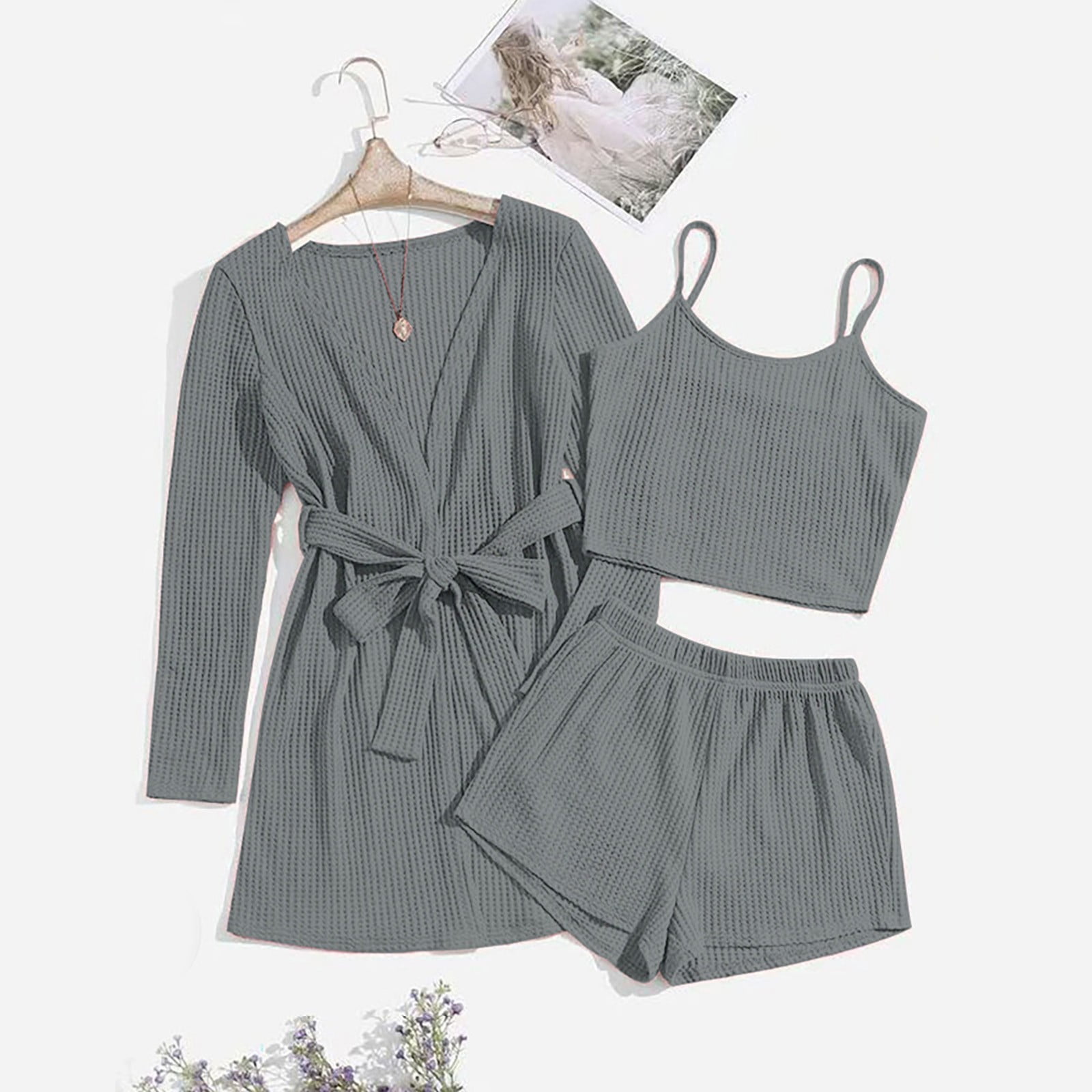 Womens Pajamas Fall Pajamas Women Womens 3 Piece Pajama Set with Robe Top and Shorts Loungewear Set Adult Female Clothes Grey Size L Walmart