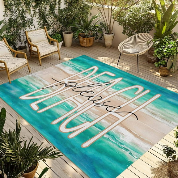 Fsddascl Summer Turquoise Beach Outdoor Rug for Patio/Deck/Porch, Non-Slip Large Area Rug 5 x 8 Ft, Sand Coastal Waves Gradient Indoor Outdoor Rugs Washable Area Rugs, Reversible Camping Rug Carpet