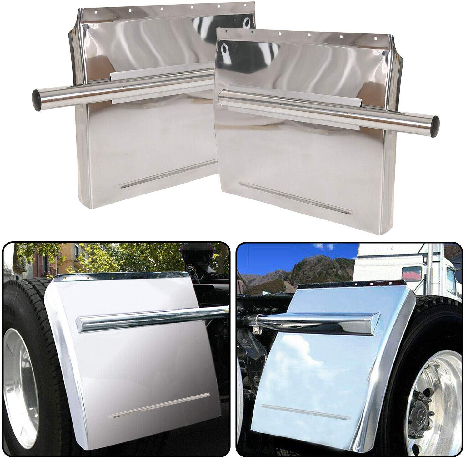 Polished Stainless Steel 24x24 Quarter Fenders For Freightliner Cascadia Semi-Truck (Pair)