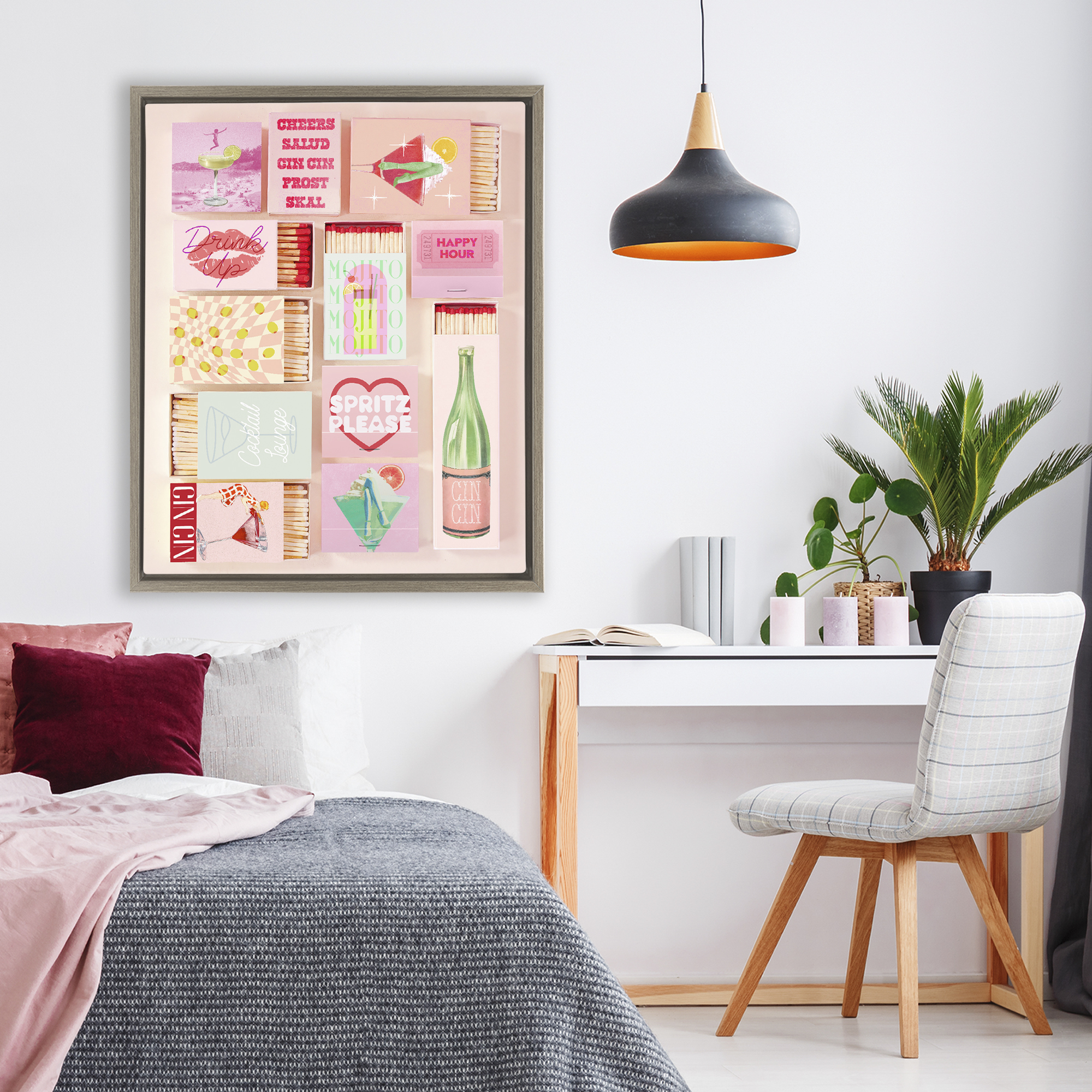 Glam Cocktails Retro Matches Brown Framed Floater Canvas Wall Art, design by Lil' Rue