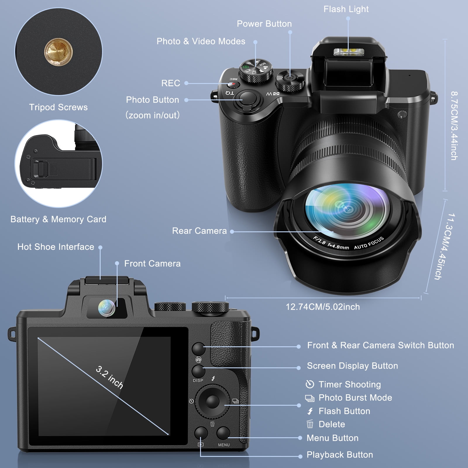 Black 8K Digital Camera 88MP Autofocus WiFi Vlogging Camera for Photography with Front and Rear Lens, Flash, Touch Screen, Lens Hood