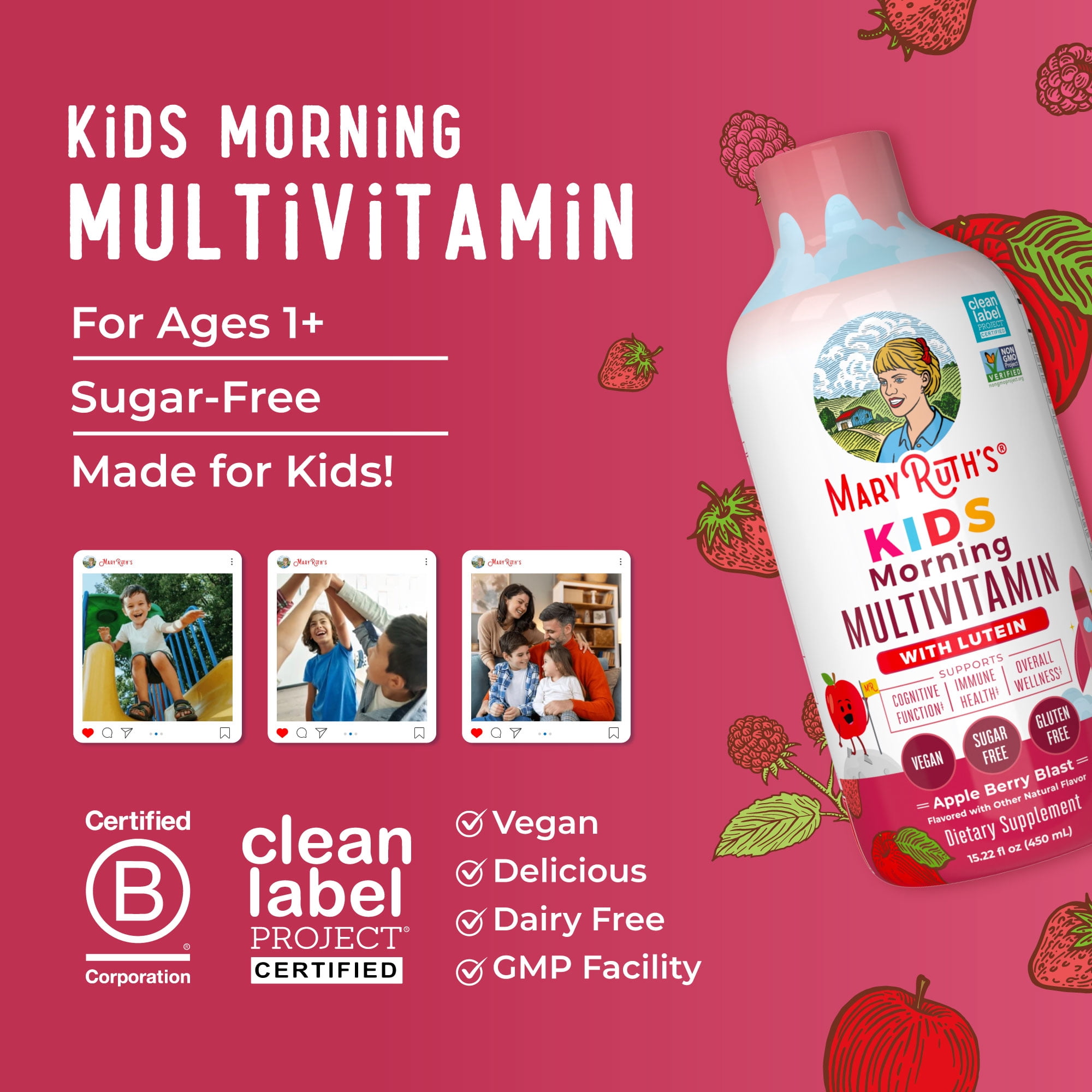 (2 pack) MaryRuth's Kids Liquid Multivitamin with Lutein, Immune Support, Overall Health, Apple Berry Blast Sugar-Free Vegan Gluten-Free Ages 1+, 15.22 fl oz