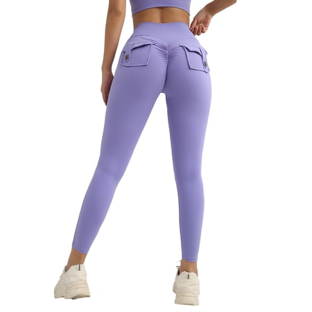Sevpuikl Women s High Waist Yoga Leggings Tummy Control with Pockets for Pilates Workout Exercise Running Solid Color(Purple L)