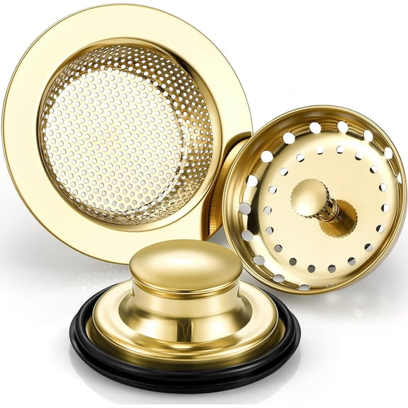 3 Pcs Kitchen Sink Drain Strainer and Stopper Stainless Steel Garbage Disposal Plug with Handle Universal Anti-Clogging Kitchen Sink Filter Sieve Basket Strainer(Light Gold)